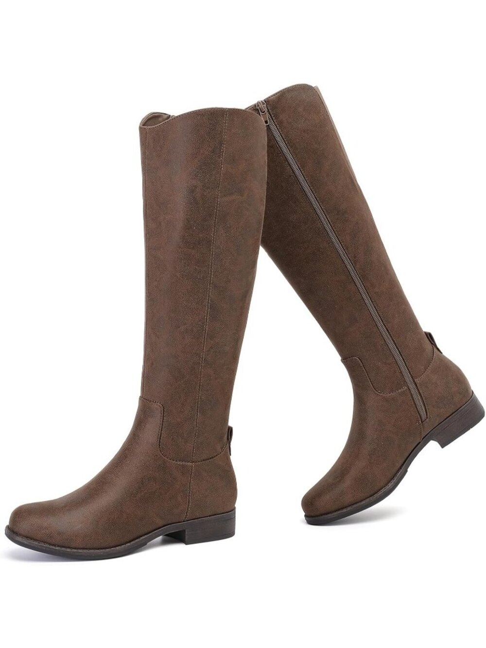 Women's Brown Knee High Boots Riding Fashion Boots Round Toe Faux Leather